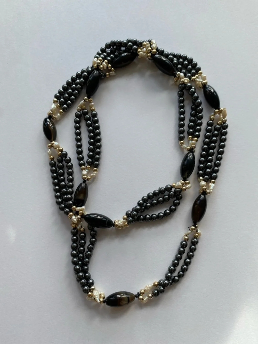 VTG 70s Multi-Strand Liquid Hematite Banded Agate Necklace | Silk Strung | 28" - Picture 13 of 16